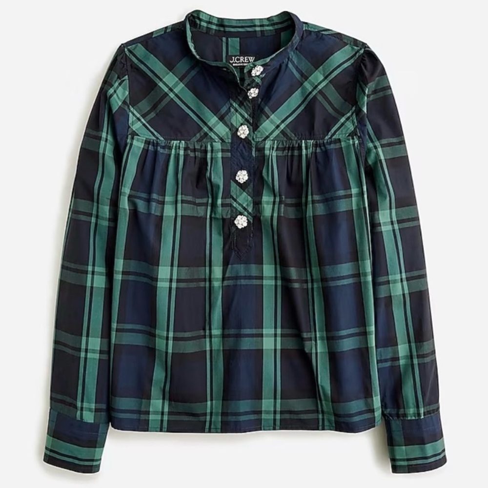 J. Crew Fresco top with jewel‎ buttons in Black Watch tartan